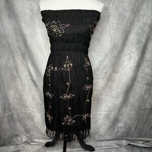 Gecko Batik Dress Strapless Women One Sz Black Midi Sequin Beachy Boho Hippie